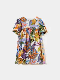 Vestido padrão tropical manga abalonada